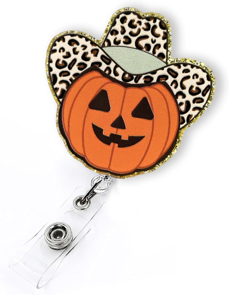 LEBEIGHT Funny Jack-O-Lantern Badge Reel Retractable, Cowboy Pumpkin Halloween Badge Reel for Nurse Nursing RN CNA LPN CMA & Medical Worker, Fall Nurse Badge Holder with Alligator Clip & 24” Durable Nylon Cord - Image 1